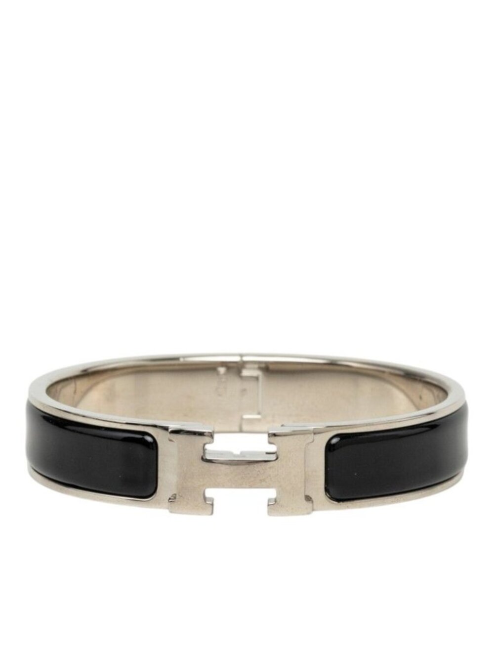 Hermes Clic H Bracelet Bangle Silver Black Metal Enamel
